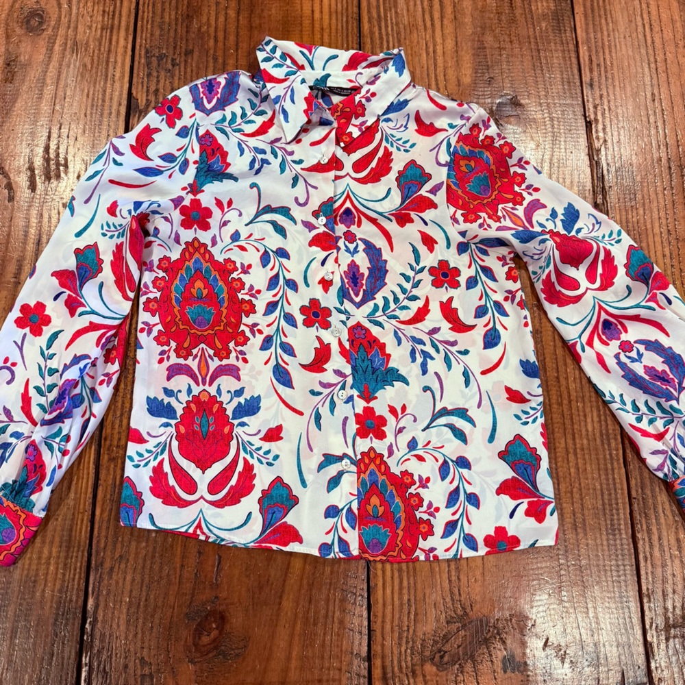 Zara Floral Print Button Down Blouse White Hot Pink Blue Retro Size Small - Picture 9 of 9